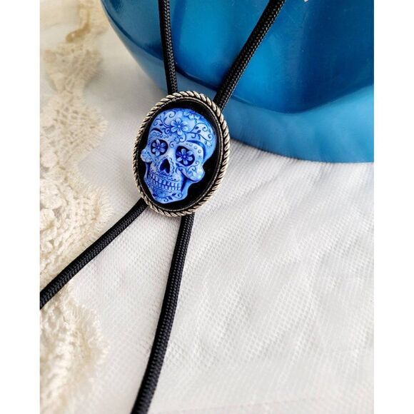 Royal Blue Sugar Skull Silver Tip Black Western Southwest Bolo Tie Necklace Pend - Picture 5 of 6